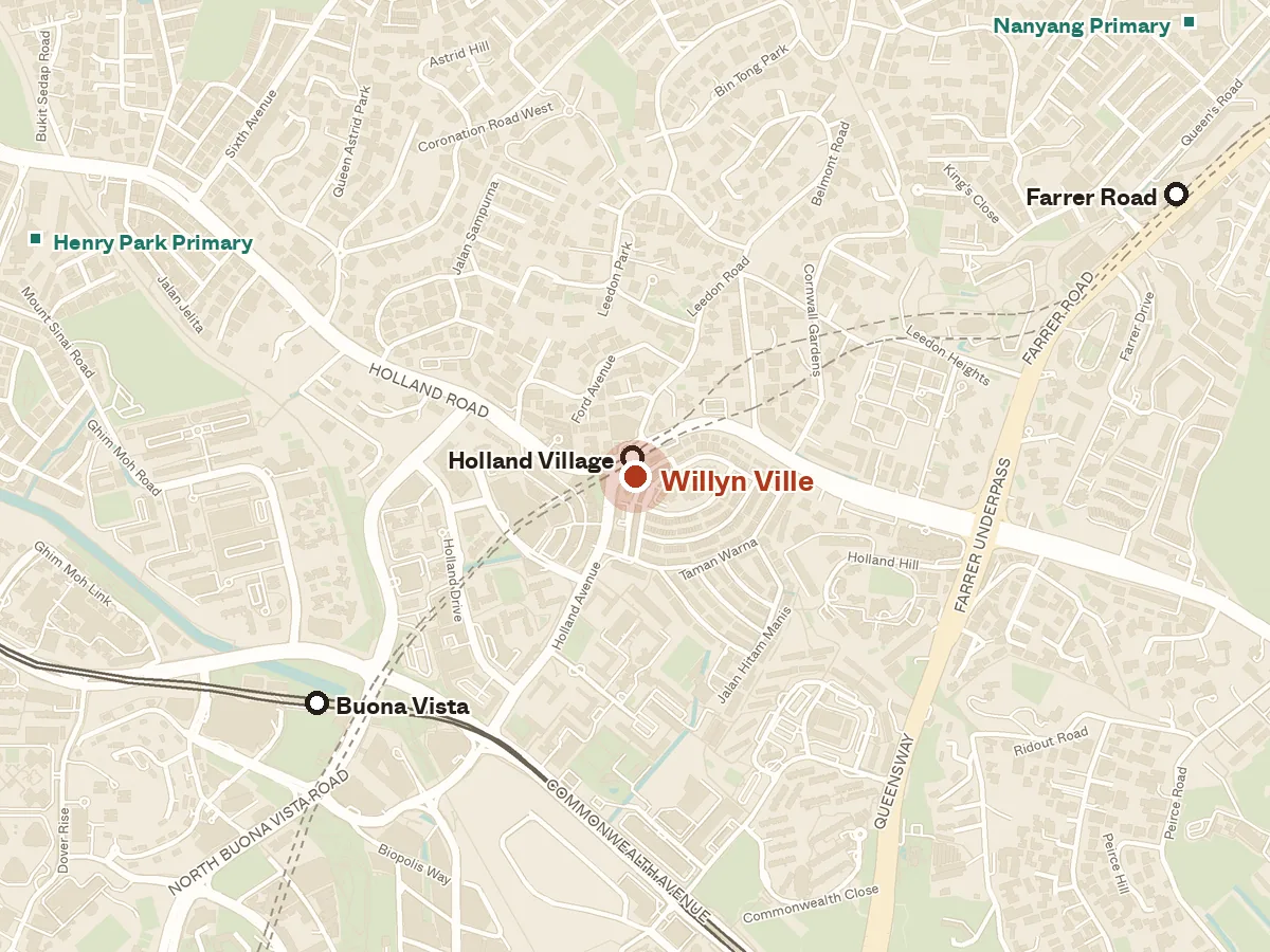 Map of the area around Willyn Ville, with nearby MRT stations and primary schools