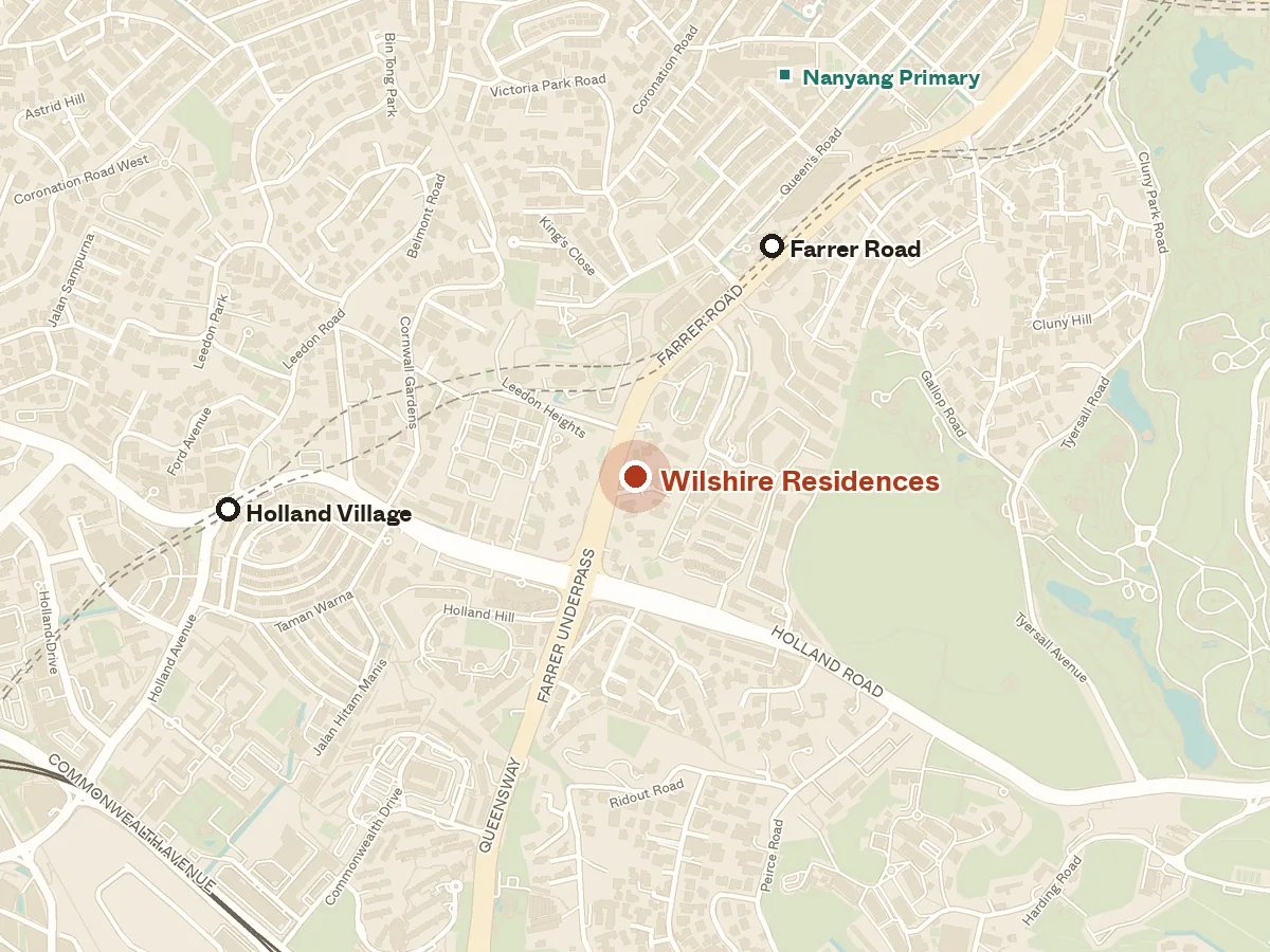 Map of the area around Wilshire Residences, with nearby MRT stations and primary schools