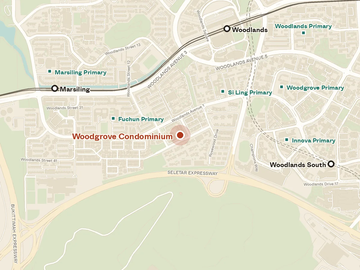 Map of the area around Woodgrove Condominium, with nearby MRT stations and primary schools