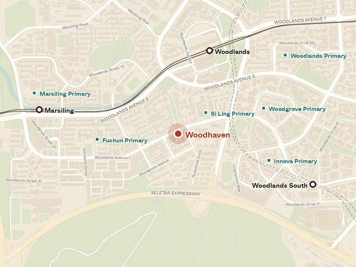Map of the area around Woodhaven, with nearby MRT stations and primary schools