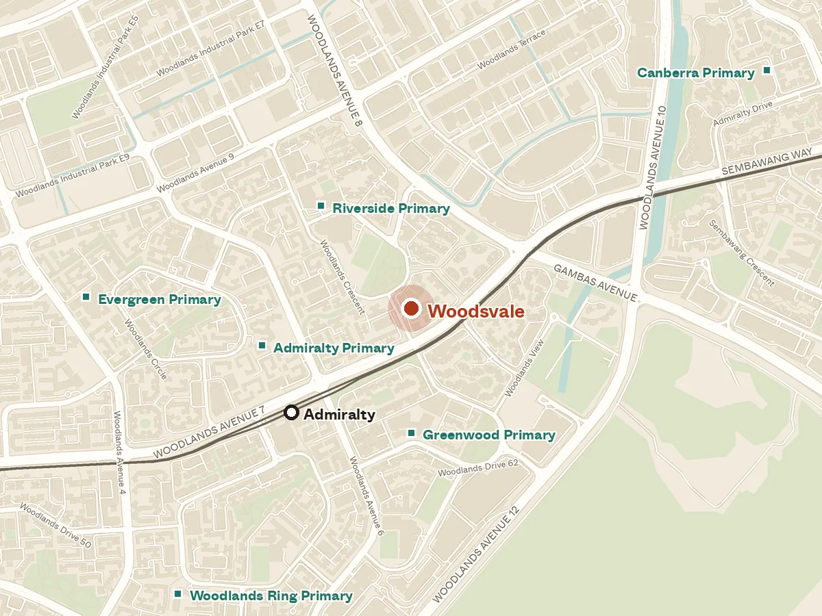 Map of the area around Woodsvale, with nearby MRT stations and primary schools