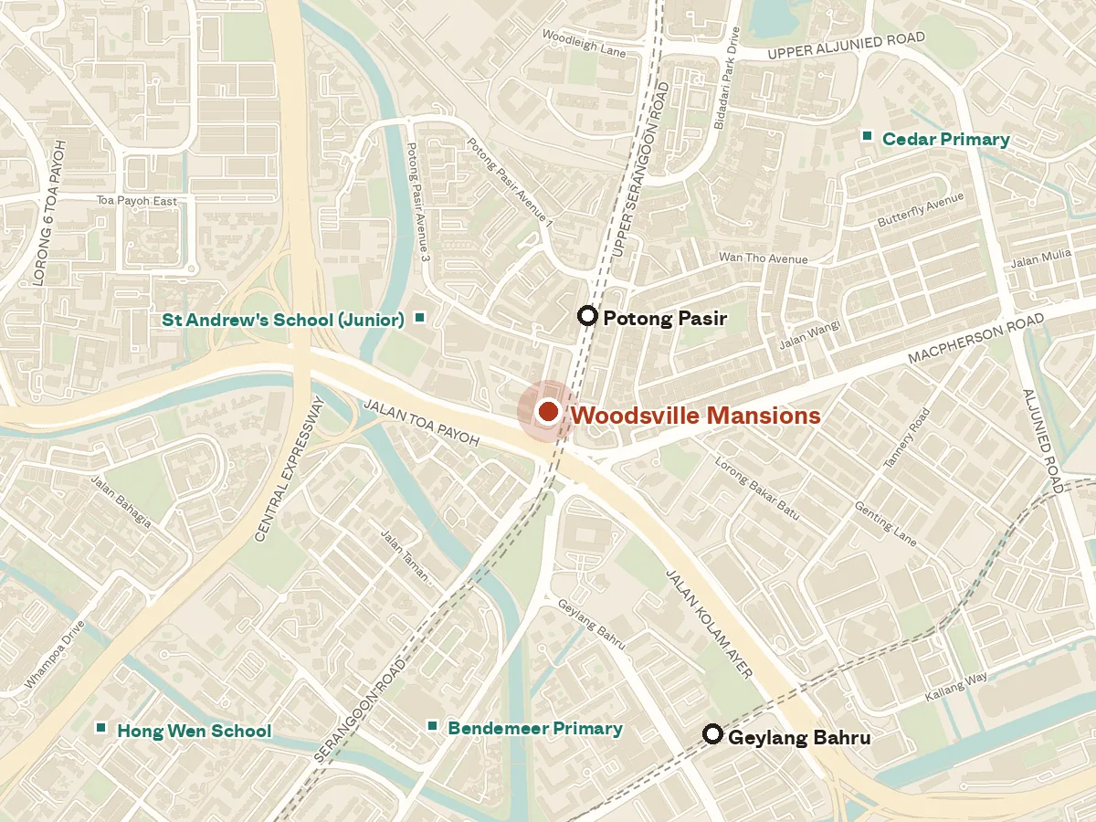 Map of the area around Woodsville Mansions, with nearby MRT stations and primary schools