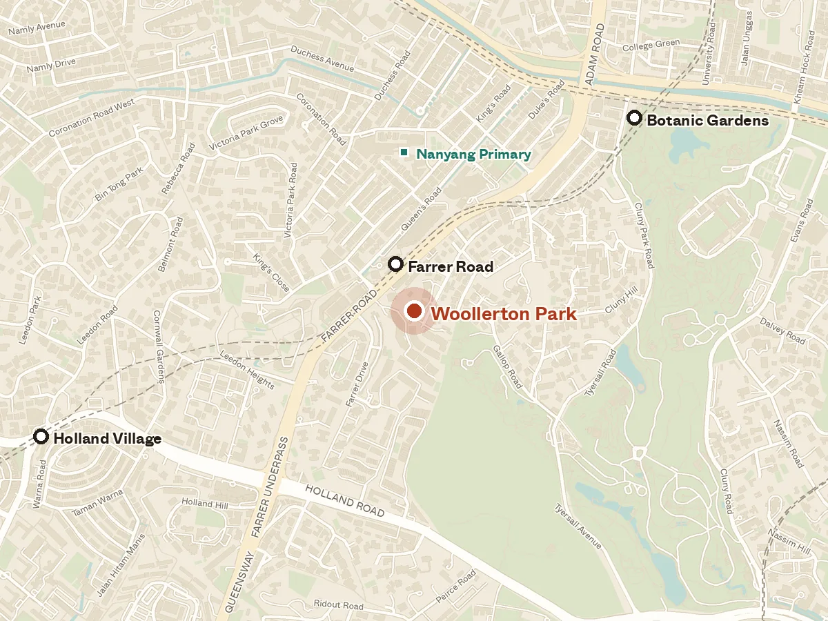 Map of the area around Woollerton Park, with nearby MRT stations and primary schools