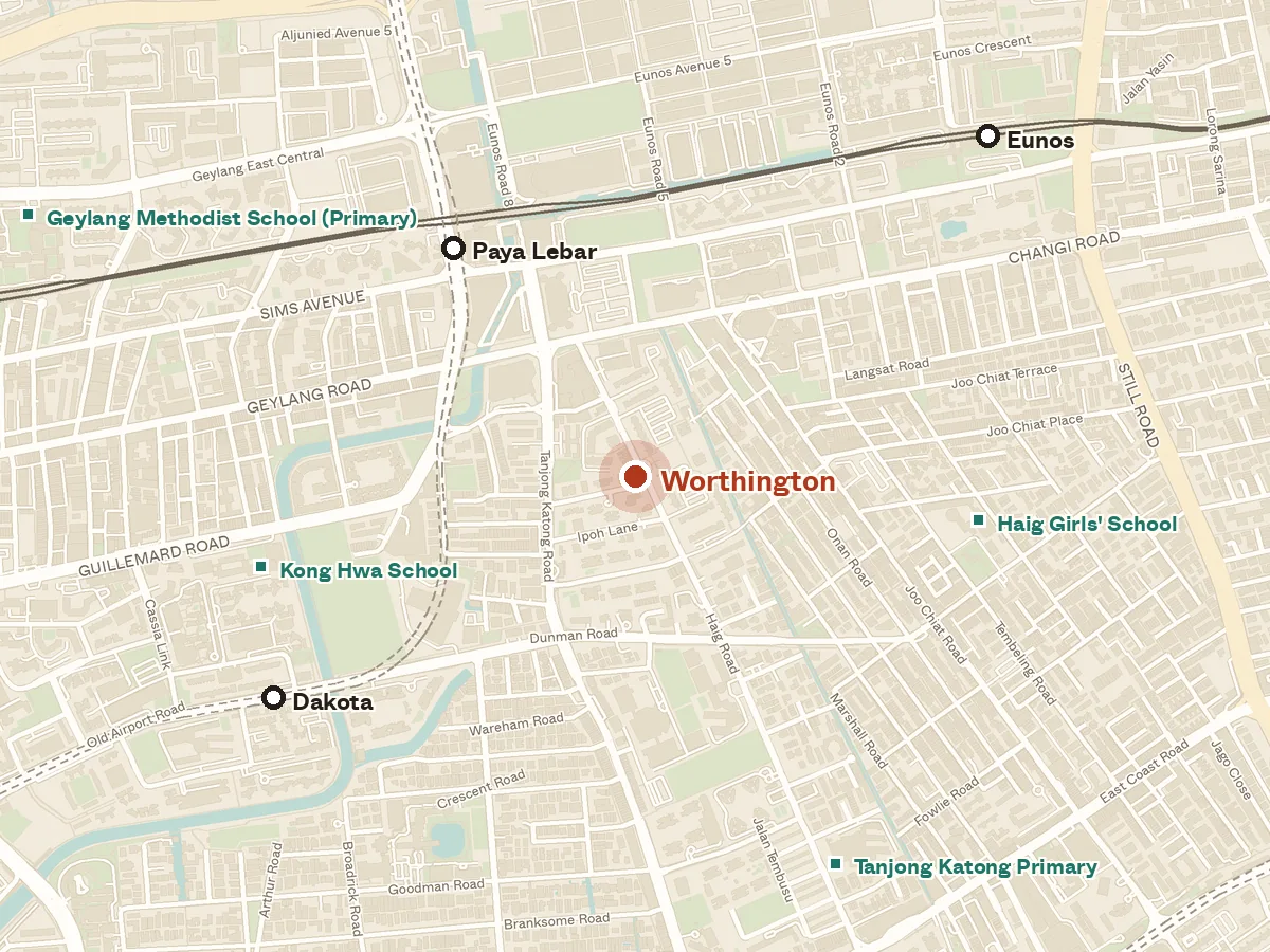 Map of the area around Worthington, with nearby MRT stations and primary schools