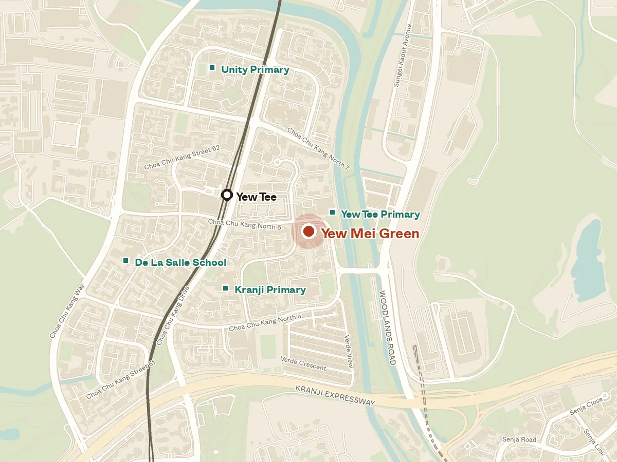 Map of the area around Yew Mei Green, with nearby MRT stations and primary schools