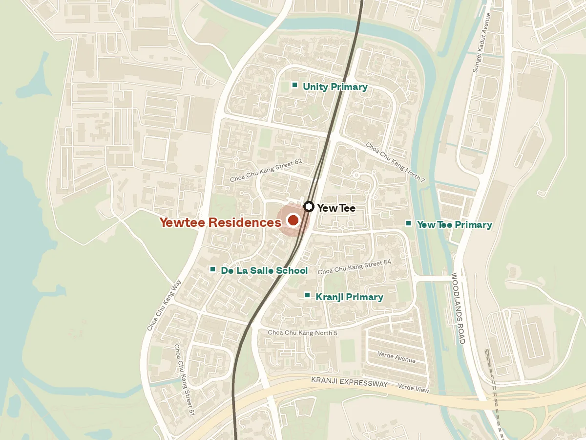 Map of the area around Yewtee Residences, with nearby MRT stations and primary schools