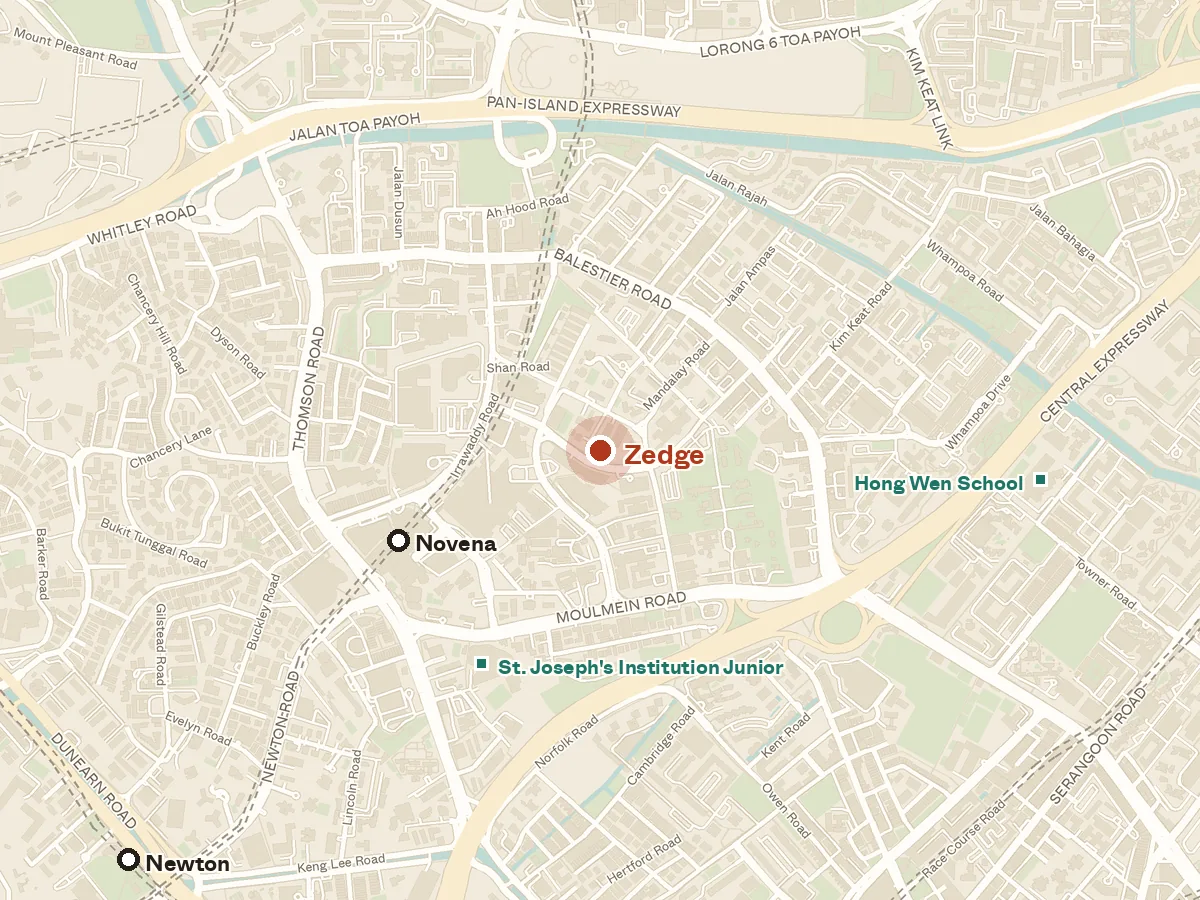 Map of the area around Zedge, with nearby MRT stations and primary schools