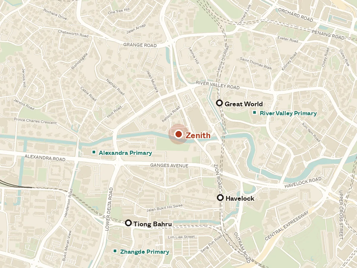 Map of the area around Zenith, with nearby MRT stations and primary schools