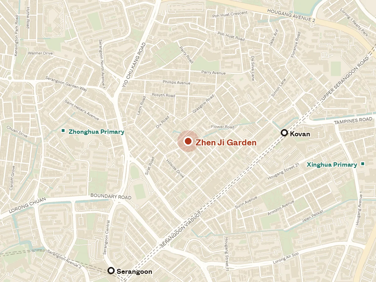 Map of the area around Zhen Ji Garden, with nearby MRT stations and primary schools