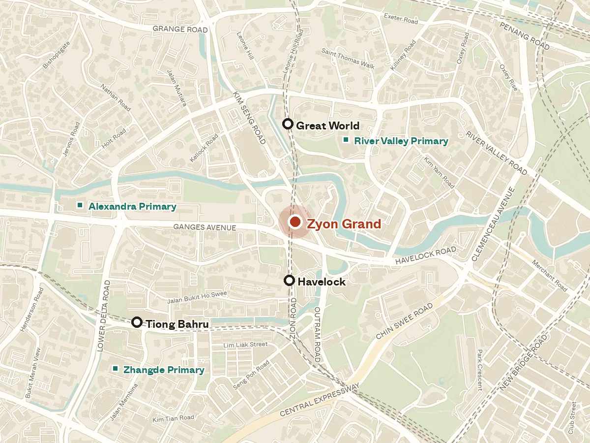 Map of the area around Zyon Grand, with nearby MRT stations and primary schools